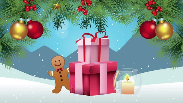 happy merry christmas card with balls hanging and gifts in snowscape