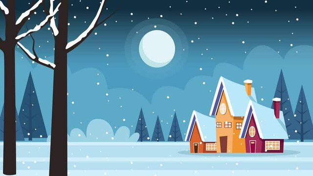 happy merry christmas card with houses at night scene