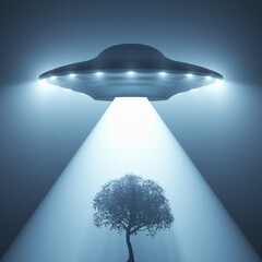 Unidentified flying object - UFO, flying over trees at night. © ktsdesign