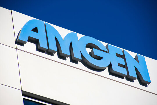 Amgen sign at biopharmaceutical company campus in Silicon Valley, biotech company headquartered in Thousand Oaks. - South San Francisco, CA, USA - 2020