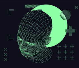 Silhouette of 3d low poly human head. Illustration in retrofuturistic style of 80's-90's years, vaporwave and synthwave bold brutal aesthetics.