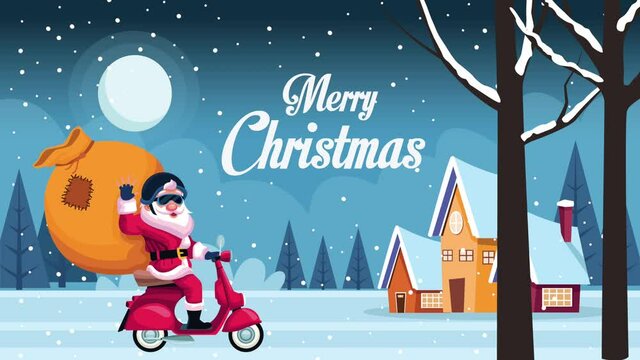 happy merry christmas lettering card with santa in motorcycle in snowscape