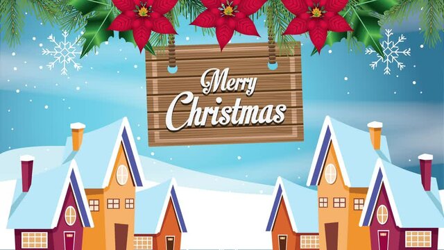 happy merry christmas lettering card with houses and label