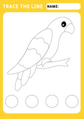 Funny little parrot. Educational children game. Preschool worksheet for practicing fine motor skills - tracing dashed lines. Tracing Worksheet. Illustration and vector outline - A4 paper