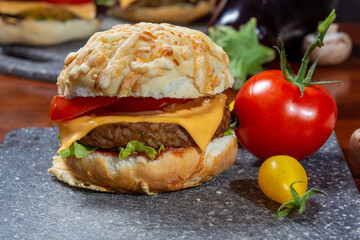 Healthy vegan or vegetarian fast food, fresh made plant based burgers with vegetables