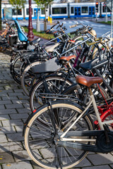 City life and transportation in Netherlands, bicycle parking in old part of Amsterdan