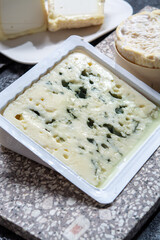 Cheese collection, French cheeses made from goat, cow and sheep melk: semi hard Roquefort blue cheese, soft Chabichou of Poitou and Camembert of Normandy
