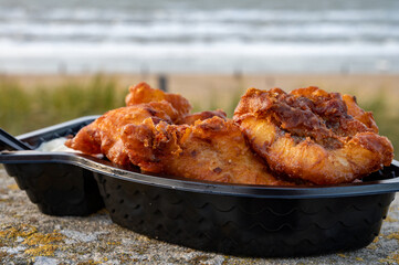 Dutch street seafood, deep fried cod fish fillet with garlic sauce called in Netherlands kibbeling and North sea beach on background