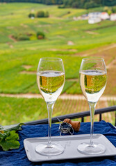 Tasting of french sparkling white wine with bubbles champagne on outdoor terrace with view on grand cru Champagne vineyards in Cramant, near Epernay, France