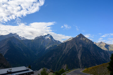 View on ski station Les deux Alpes and Alpine mountains peaks in summer, Isere, France