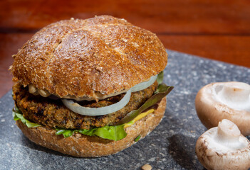 Healthy vegan or vegetarian fast food, fresh made plant based burgers with vegetables