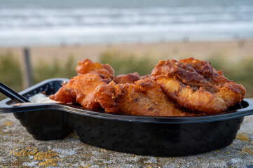 Dutch street seafood, deep fried cod fish fillet with garlic sauce called in Netherlands kibbeling and North sea beach on background