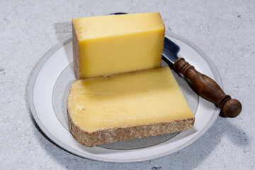 Cheese collection, French hard comte cheese made from cow milk in region Franche-Comte, France