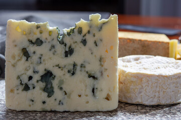 Cheese collection, French semi hard Roquefort blue cheese made from sheep milk in region Roquefort-sur-Soulzon, France