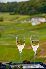 Tasting of french sparkling white wine with bubbles champagne on outdoor terrace with view on grand cru Champagne vineyards in Cramant, near Epernay, France