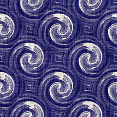 Nautical blue swirl wave on linen texture background. Summer coastal living style home decor tile swatch. Wavy spiral indigo navy material. Modern mariner stylish natural textile seamless pattern.
