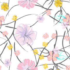 Pink Flowers Blooming Pattern. Pastel Watercolor.