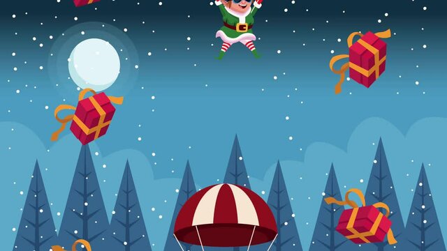 happy merry christmas card with elf in parachute and gifts