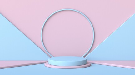 Mock up podium for product presentation circle and blue triangles 3D