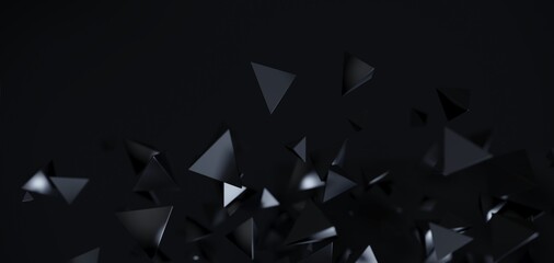 Abstractblack background with 3D particles. Flying polygonal spheres and objects in dark space, futuristic design.