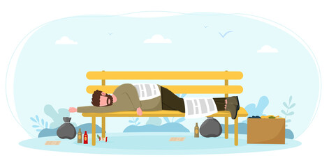 Fototapeta na wymiar Homeless bum sleeping on bench. Concept of poor male beggar depressed character in dirty torn clothes in city park with empty alcohol bottles nearby. Flat cartoon vector illustration