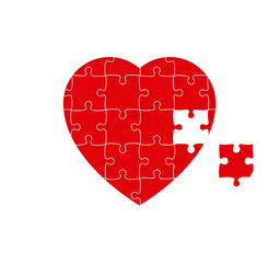 Red heart puzzle with one missed piece. Vector illustration.