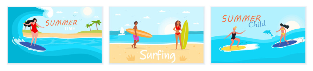 Set of scenes from surf school. Concept of extreme sport outdoor with people surfing long waves near palms, blue sea water. Flat cartoon vector illustration