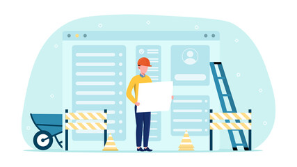 Website under construction with caucasian developer. Male businessman character developing web page using warning icon. Flat cartoon vector illustration.