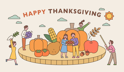 Fototapeta premium Thanksgiving banner. People are carrying crops around huge crops. flat design style minimal vector illustration.