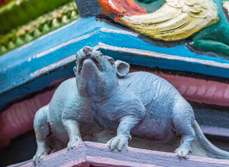 Kadirampura, Karnataka, India - November 4, 2013: Sri Murugan Temple. blueish statue of 2 rats with...