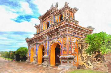 Obraz premium Imperial city colorful painting looks like picture, Hue, Vietnam.