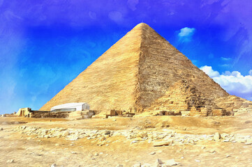 Fototapeta na wymiar Great pyramids colorful painting looks like picture, Giza, Egypt.