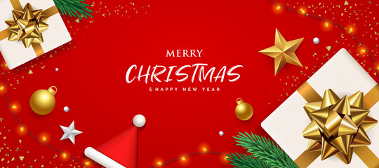 Fototapeta na wymiar Merry Christmas white gift box gold bow ribbon banners design on red background, Eps 10 vector illustration
