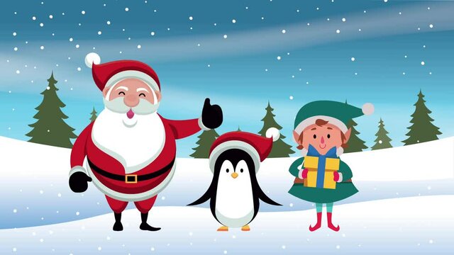 happy merry christmas card with santa and penguin