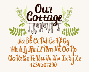 Obraz premium Farmhouse font. Typography alphabet with rustic illustrations. Handwritten script for crafty design.