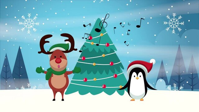 happy merry christmas card with reindeer and penguin