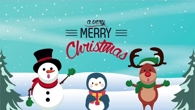 happy merry christmas card with snowman and reindeer