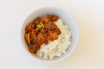 Korean food, Kkomag Bibimbab which is mixed with rice, vegetables and blood cockle