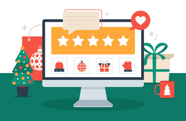 Gift review online on pc computer. Christmas shopping and feedback five stars flat vector illustration. Office desk with holiday elements