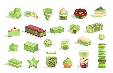Oriental matcha green tea, sweet dessert menu assortment. Herbal east bubble tea cocktail, macaroon, cupcake, roll, cookie delicatessen confectionery vector illustration isolated on white background