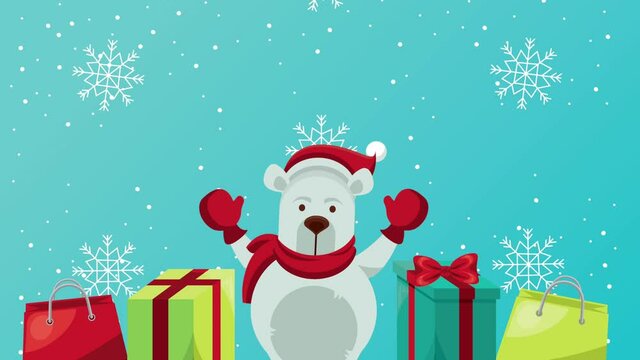 happy merry christmas card with polar bear and gifts