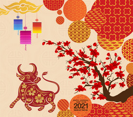 2021 Chinese New Year greeting card. year of the ox. Golden and red ornament. Flat style design