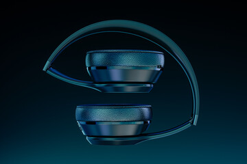 headphones on blue. Looking Directly At Folded Generic Music Headphones, Floating, Falling, Suspended, Isolated In A Blue and Black Studio Background. 3d rendering.