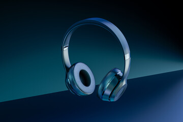 headphones on blue. Looking Down At Generic Music Headphones, Floating, Falling, Suspended, Isolated In A Blue and Black Studio Background. 3d rendering.