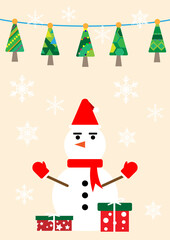 Snowman with gift box and snowflakes