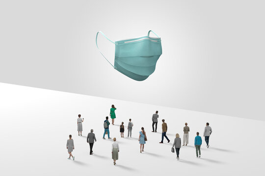 Surgical Mask Floating In White Space Above Crowd Of Mini Figurines . 3d Rendering.