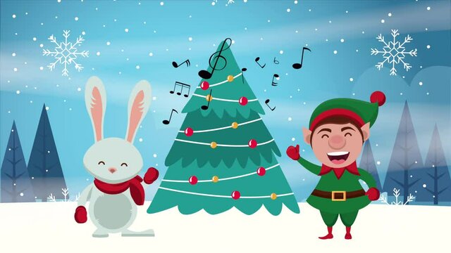 happy merry christmas card with elf and rabbit