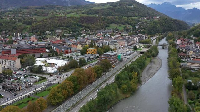 Aerial shot of the pretty old town (Conflans) overlooking Albertville, beautiful view of an old city surrounded by mountains,  View of the Conflans, the medieval city located in upper savoy, France