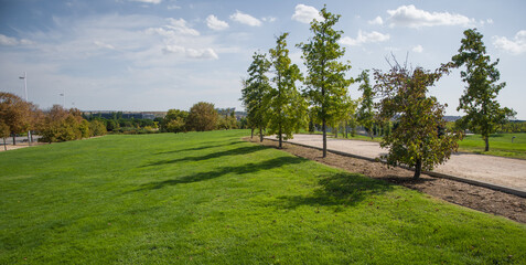 Imagen de un día soleado en el Parque Juan Carlos I de Madrid, España. Parque con césped y...