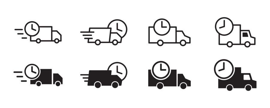 Fast delivery. Fast shipping truck with clock icon set. Vector graphic illustration. Suitable for website design, logo, app, template, and ui. 